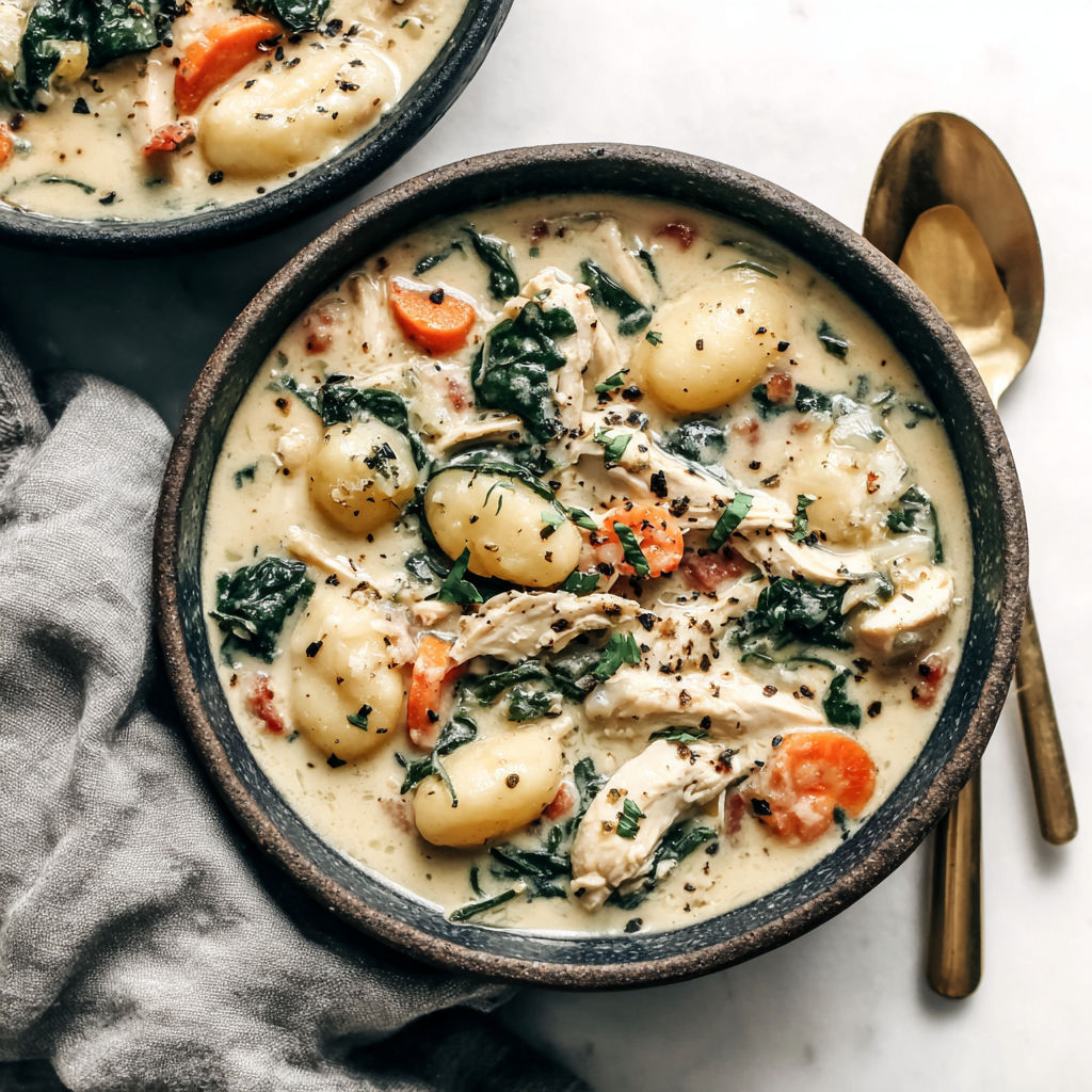 A bowl of soup with chicken and gnocchi.