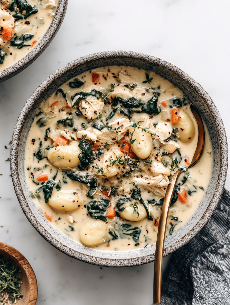A bowl of soup with chicken, gnocchi, and greens.