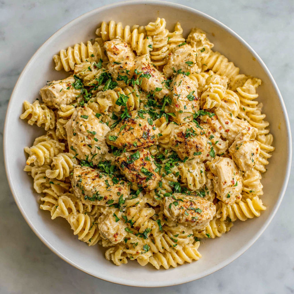 A bowl of pasta with chicken and garlic parmesan sauce.