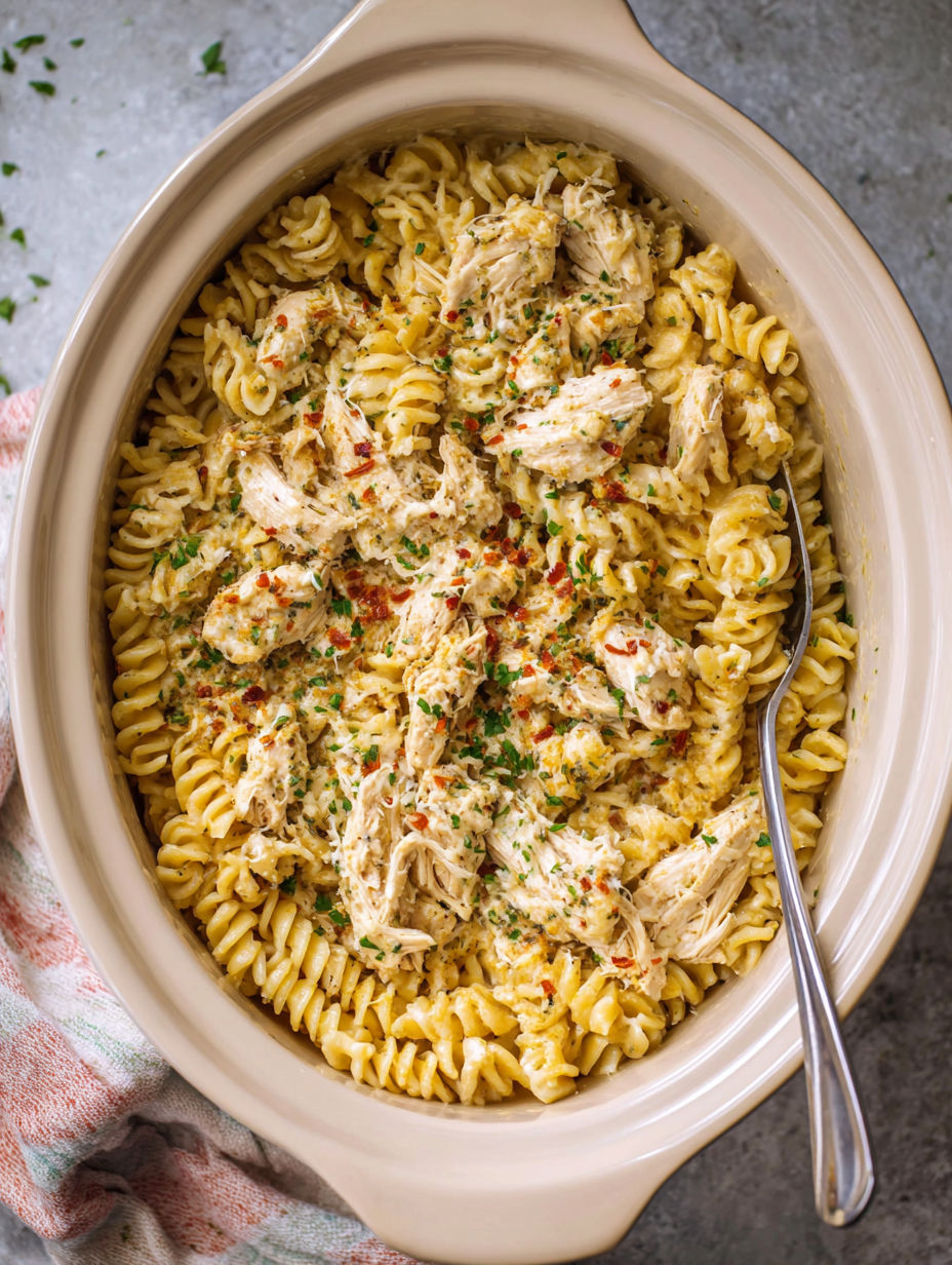 A bowl of pasta with chicken and cheese.