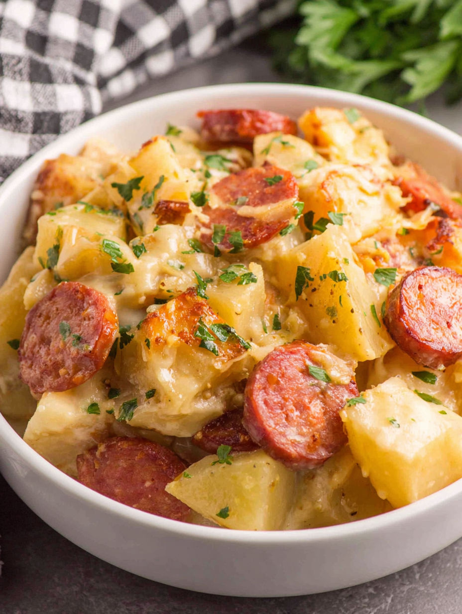 A bowl of food with sausage and potatoes.