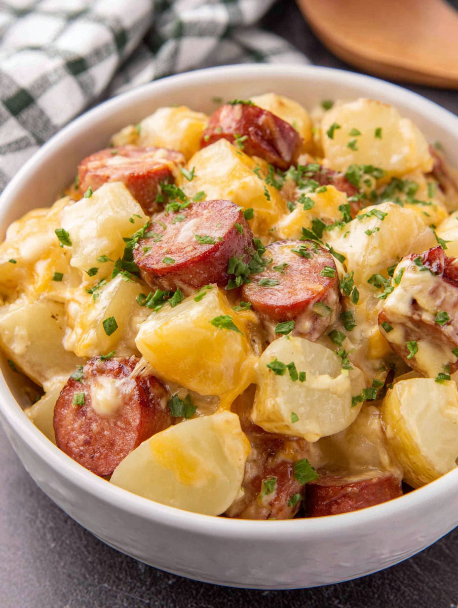 A bowl of cheesy potatoes and kielbasa.