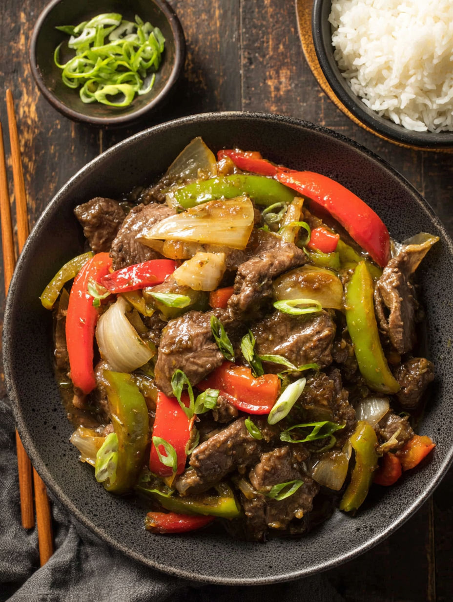 A bowl of beef and peppers.