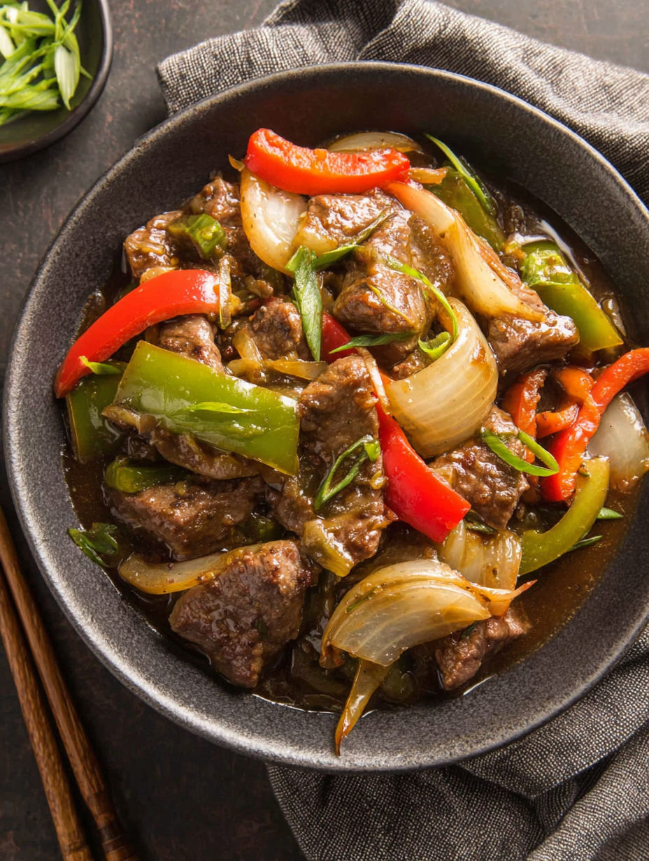 A bowl of beef and peppers.