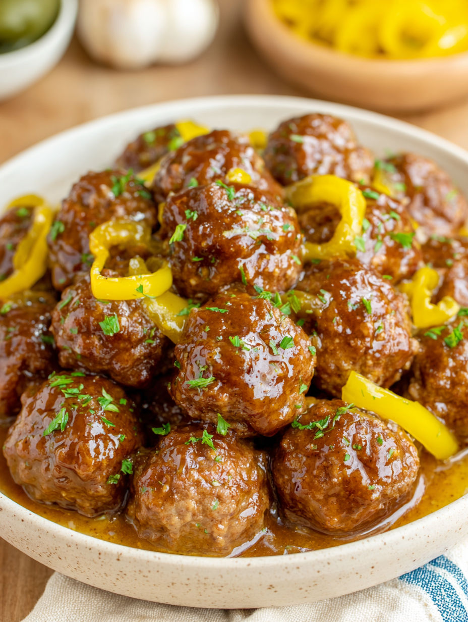 A bowl of meatballs with a yellow pepper on top.