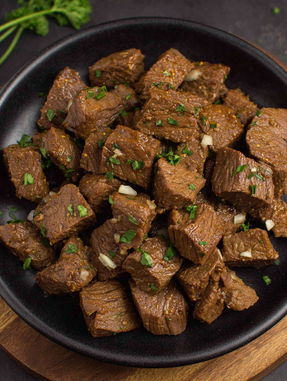 A bowl of beef cubes with onions and herbs.