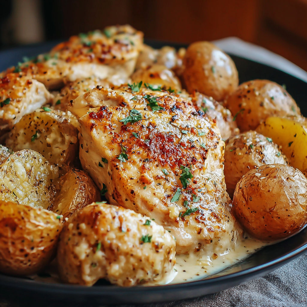 A plate of chicken and potatoes with a garlic and Parmesan sauce.
