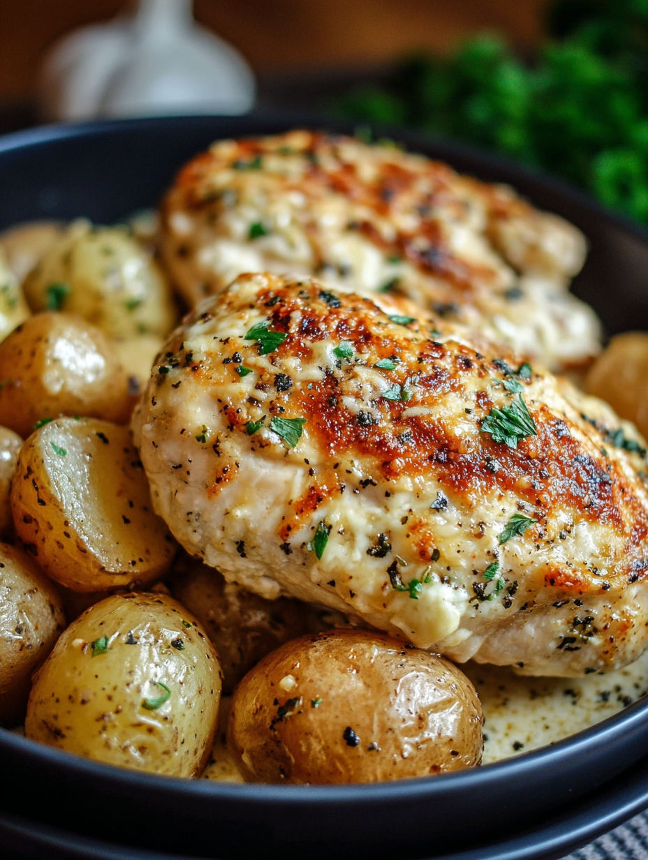A bowl of chicken and potatoes.