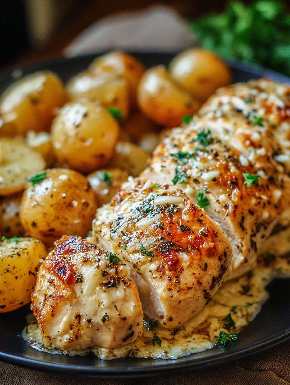 A plate of chicken and potatoes with a crockpot garlic parmesan sauce.