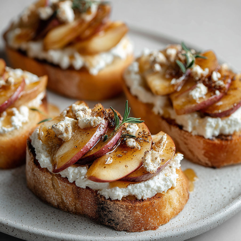 A plate of crostini with caramelized apples and ricotta cheese.