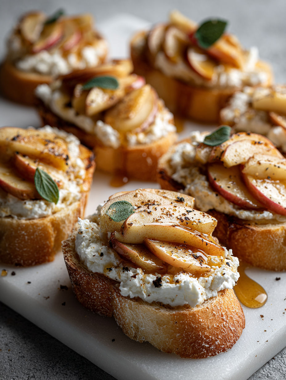 A plate of crostini with apples and ricotta cheese.