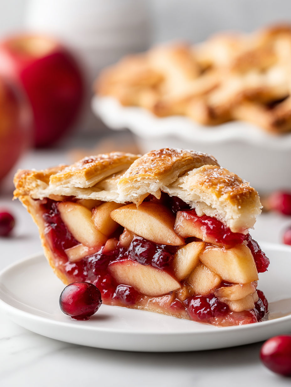 A slice of apple cranberry pie on a plate.