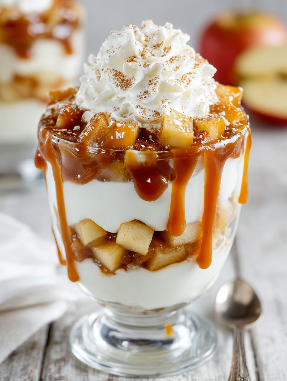A caramel apple trifle cup with whipped cream.