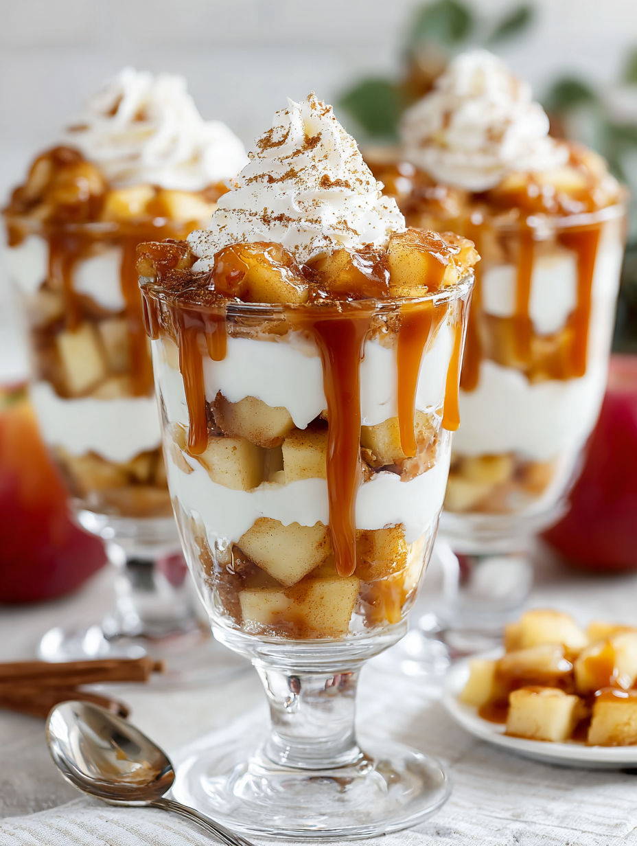 Caramel apple trifle cups with white whipped cream.