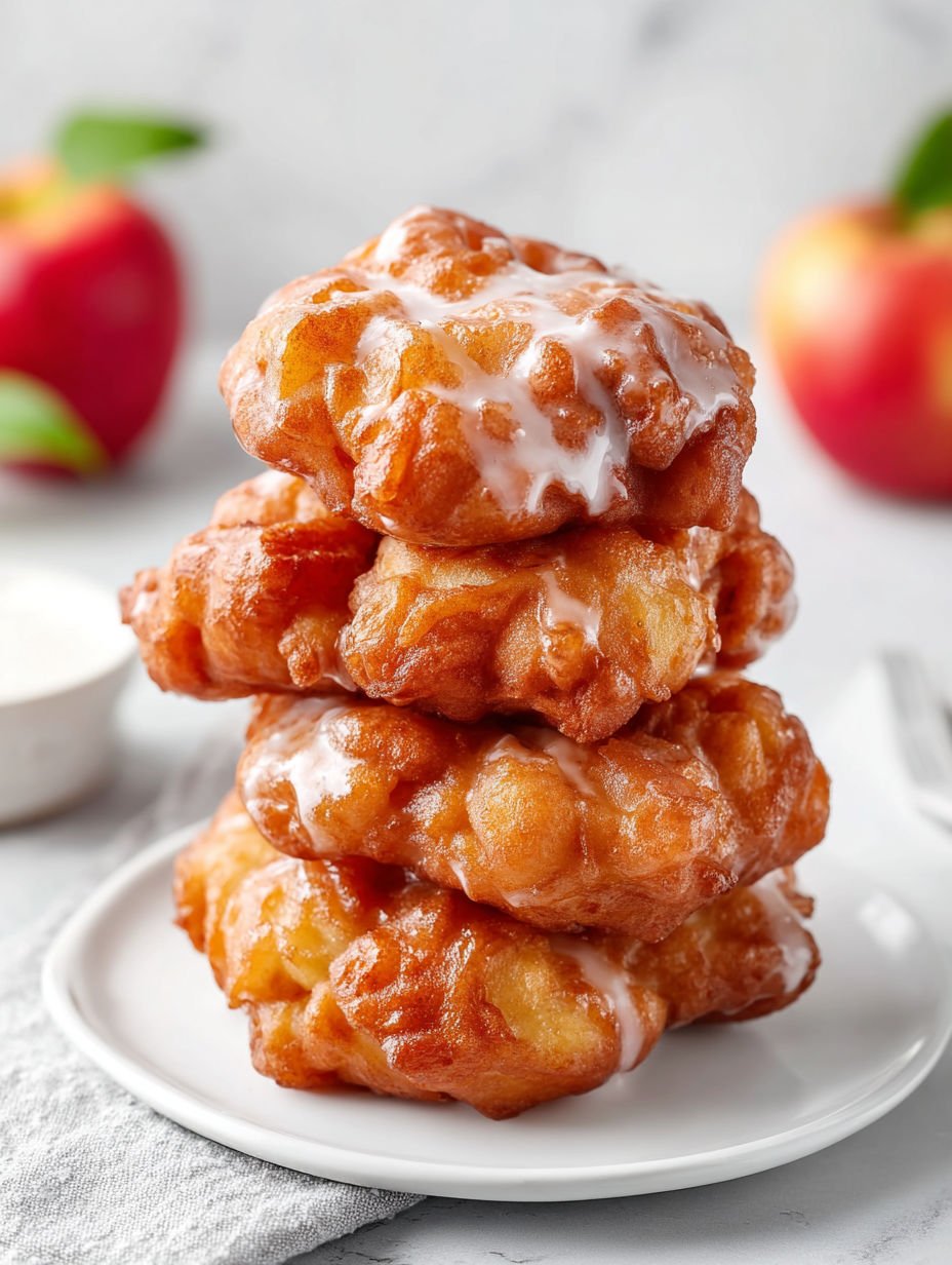 Glazed apple fritters stacked on a plate.