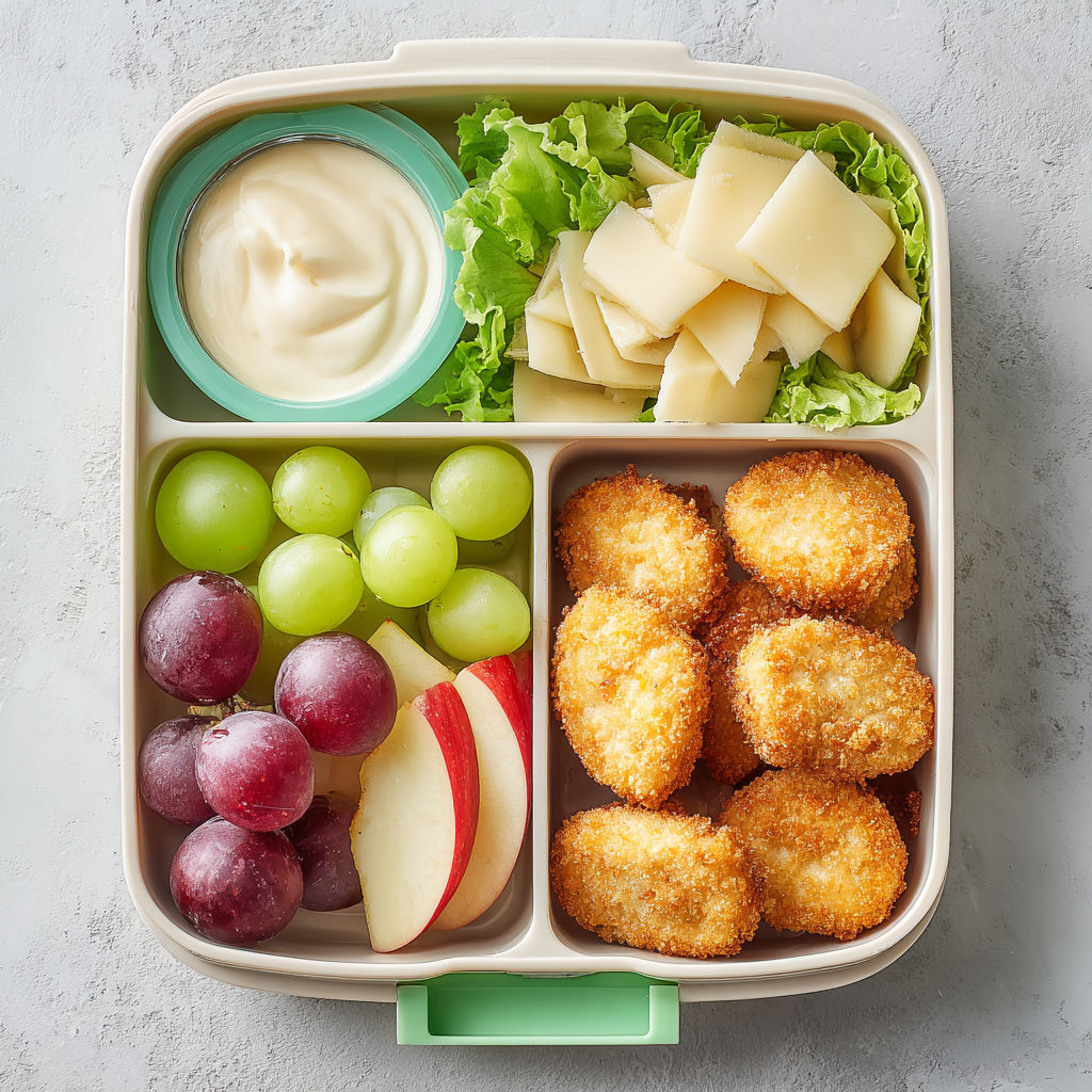 A bento box with chicken nuggets and fruit.