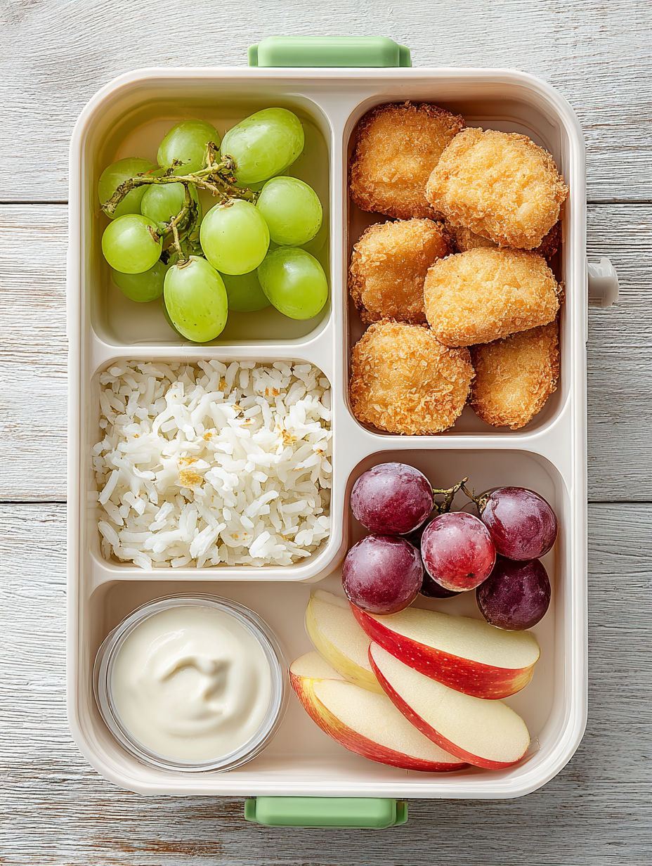 A bento box with rice, grapes, apples, and chicken nuggets.