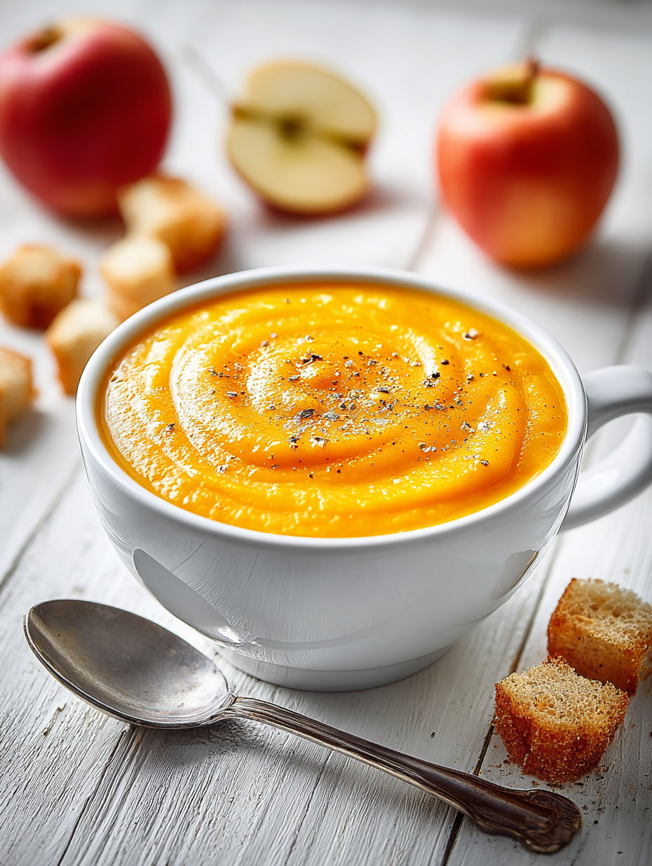 A cup of butternut squash apple soup.
