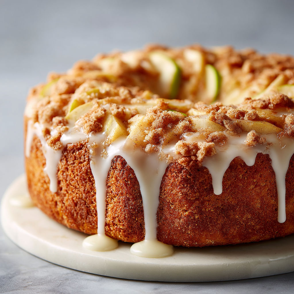 A cake with a vanilla glaze and apples on top.