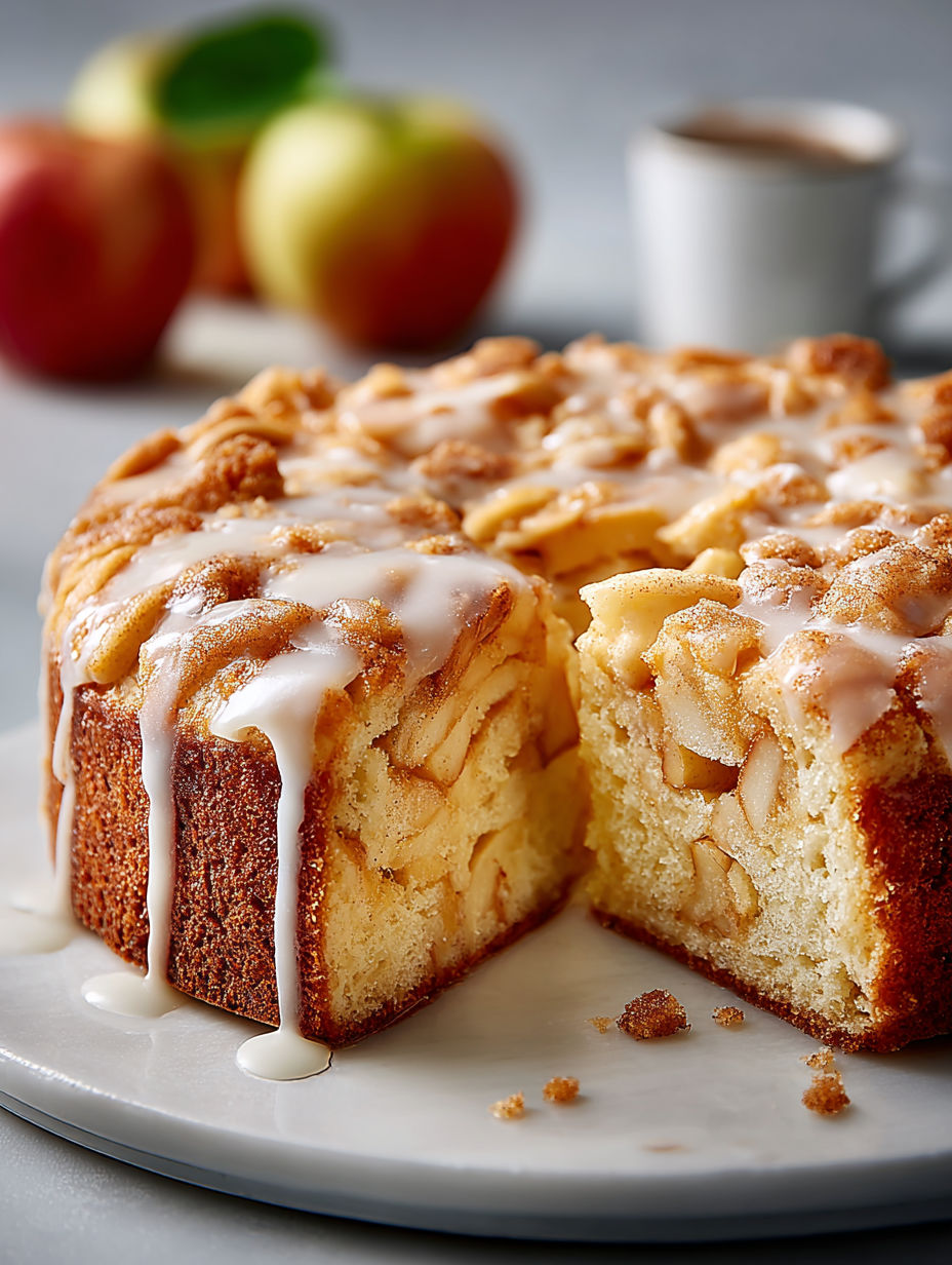 A slice of apple coffee cake with vanilla glaze.