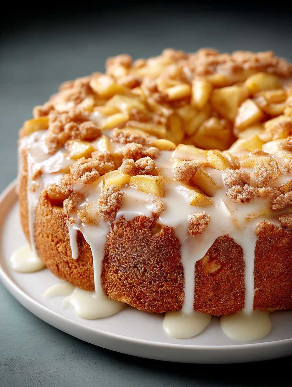 A slice of apple coffee cake with vanilla glaze.