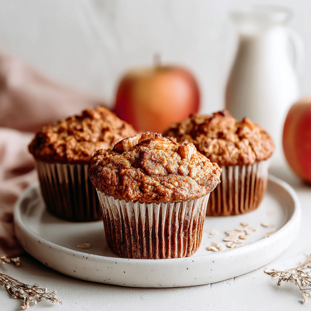Three muffins with oatmeal and apple toppings.