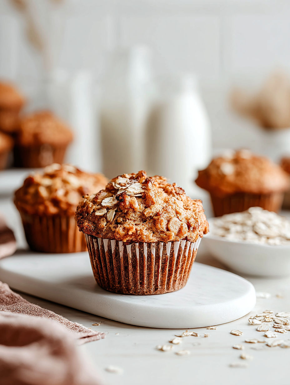 A muffin with oatmeal and nuts on top.