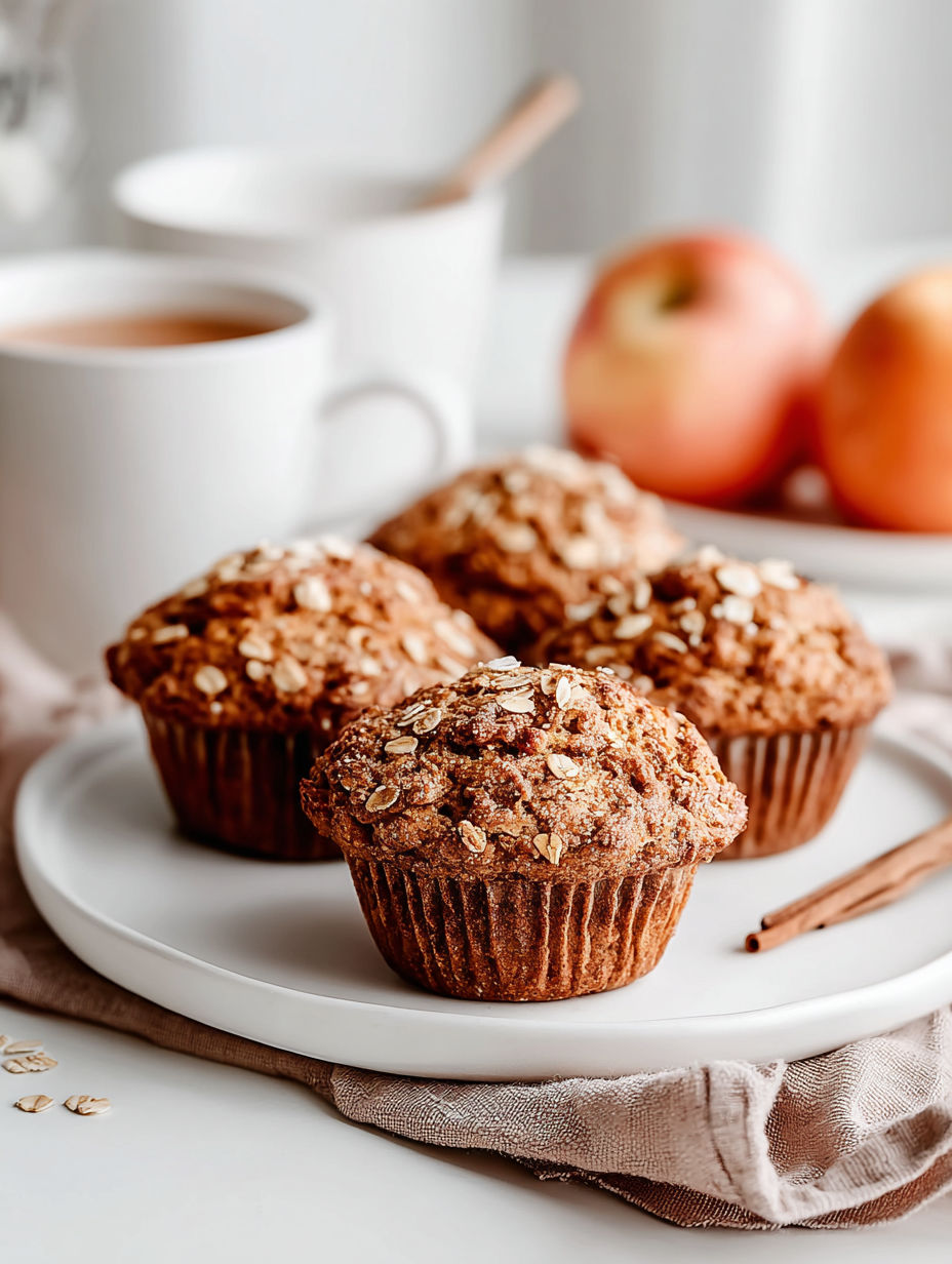 Three muffins with oatmeal and apple toppings.