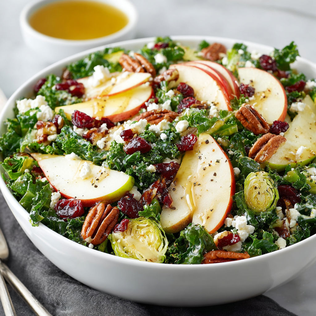 A bowl of salad with apples, pears, and honey dressing.