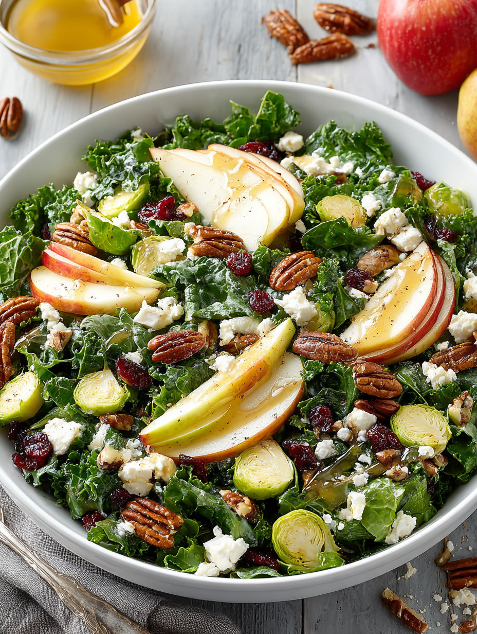 A bowl of salad with apples, pears, and honey dressing.
