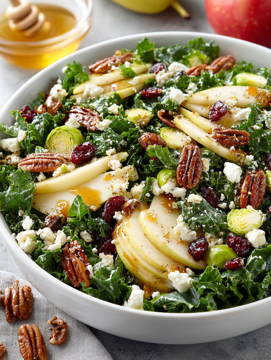 A bowl of salad with apples, pears, and honey dressing.