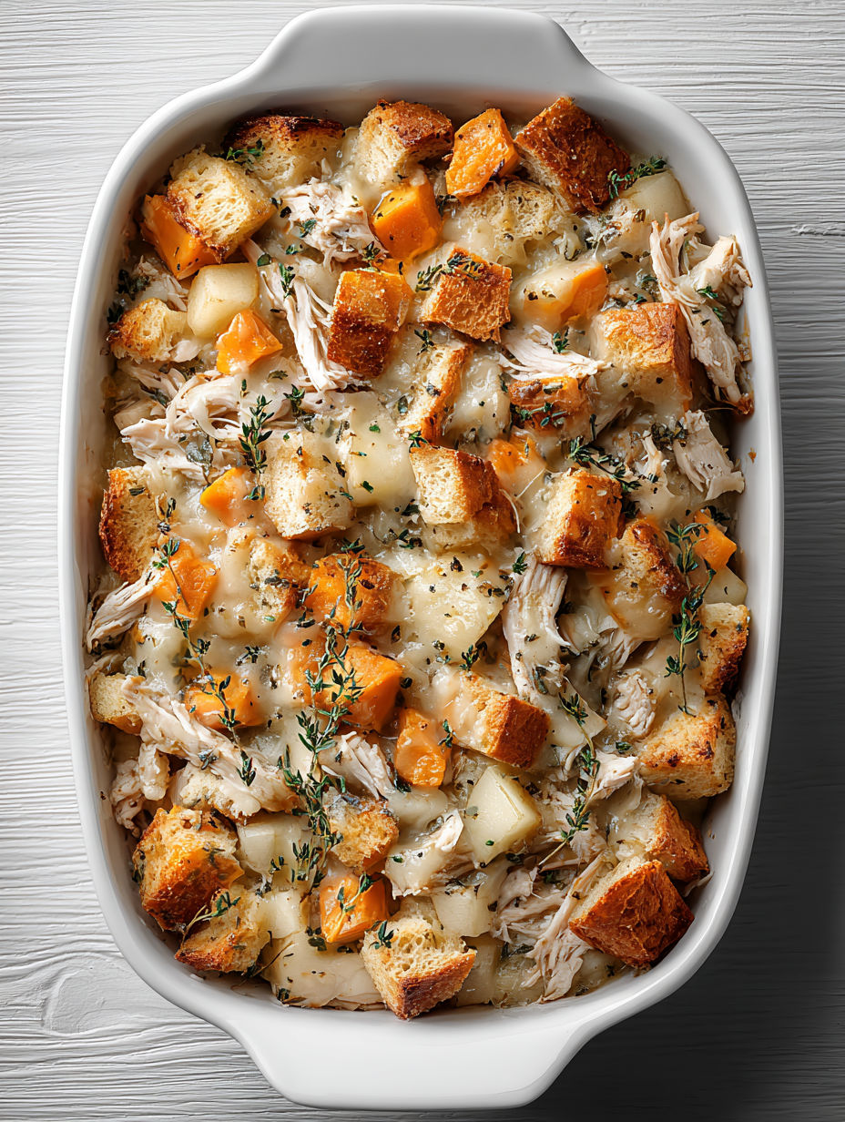 A dish of leftover turkey, sweet potato and apple casserole.