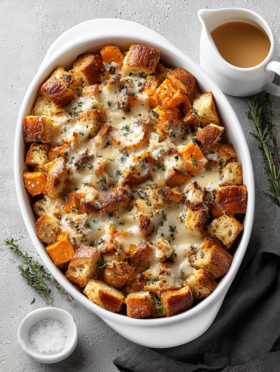 A dish of leftover turkey, sweet potato and apple casserole.