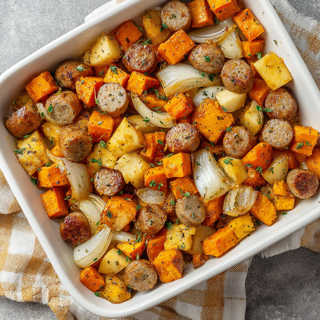 A dish of sausage, sweet potatoes, and onions.