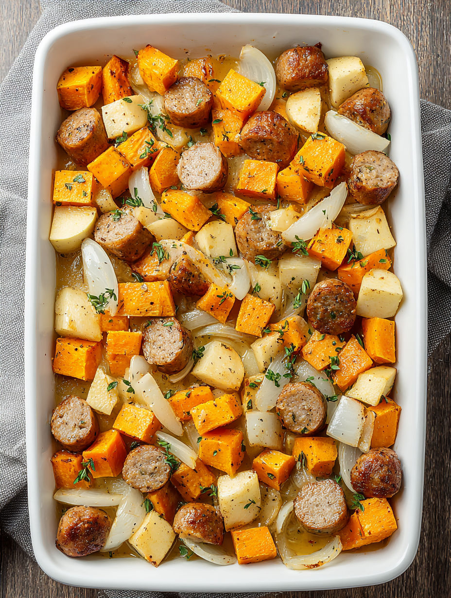 A dish of sausage and sweet potatoes.