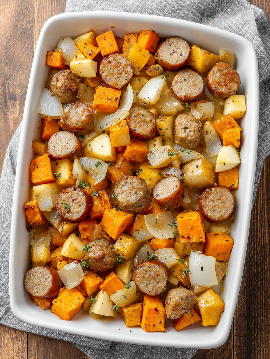 A dish of sausage and vegetables.