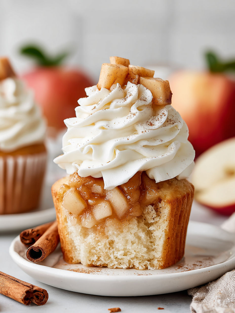 A cupcake with a whipped cream topping and a slice of apple on top.
