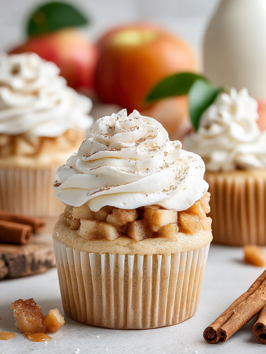 A cupcake with a whipped cream topping and a slice of apple on top.