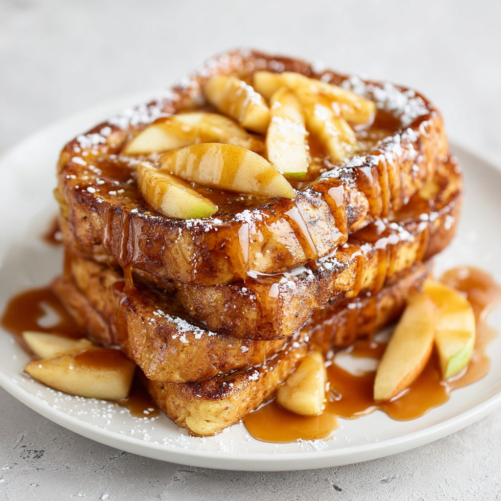 A stack of caramel apple french toast.