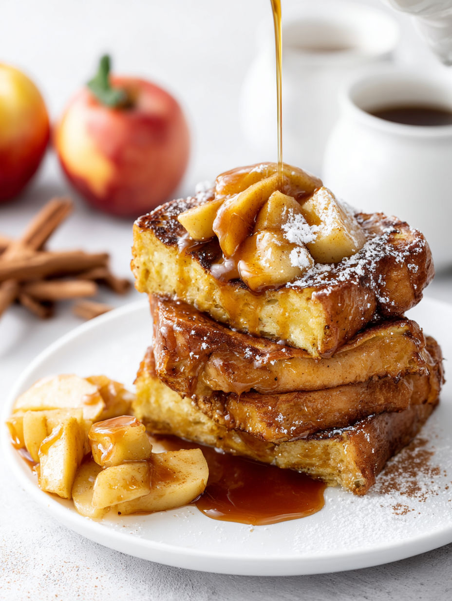 A stack of French toast with caramel drizzled on top.