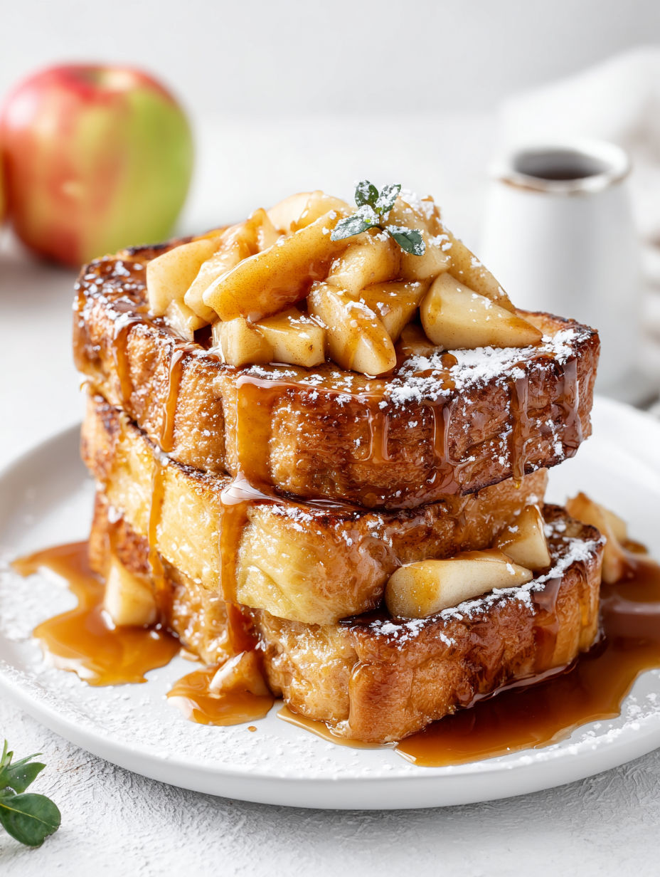 A stack of French toast with caramel sauce and apple slices on top.