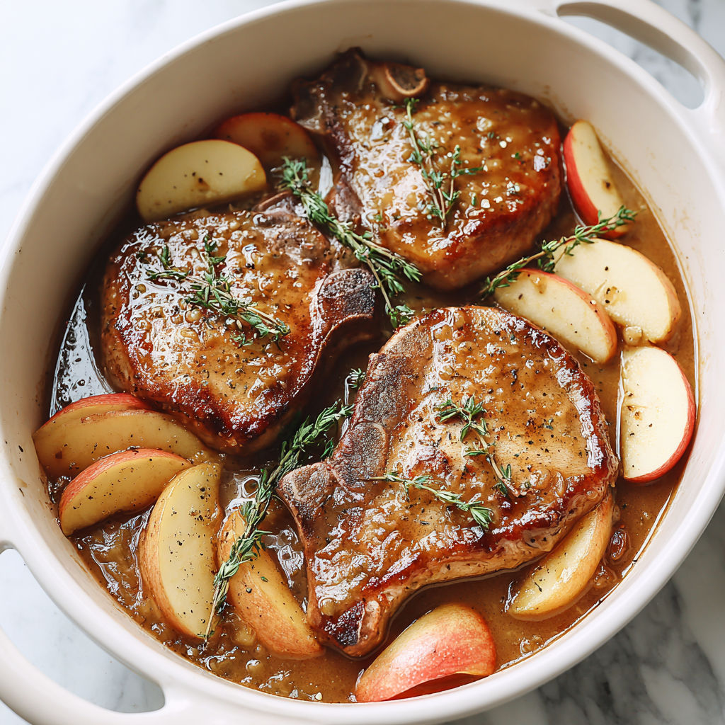 A bowl of pork chops with apples and herbs.