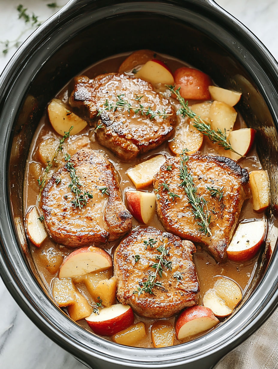 A pot of food with meat and apples.