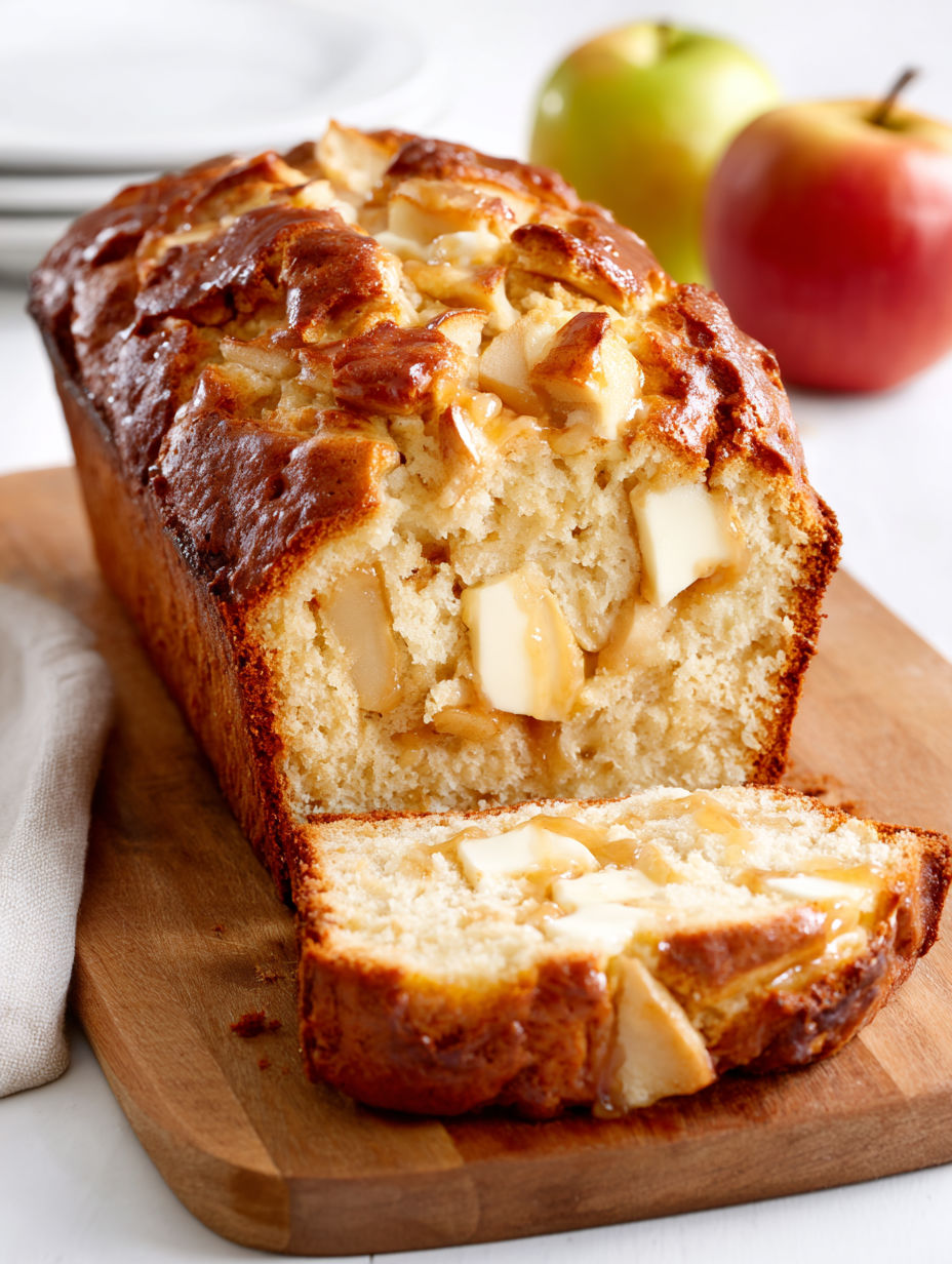 A slice of apple bread on a cutting board.