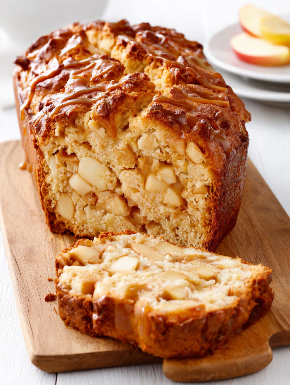 A slice of apple bread on a wooden cutting board.
