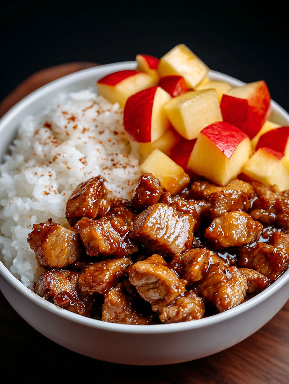 A bowl of food with rice, meat, and apples.