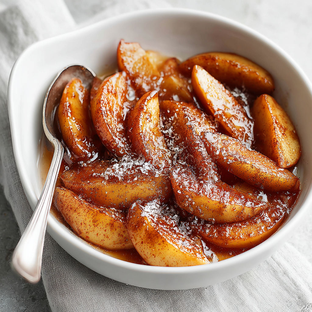 A bowl of baked apple slices with cinnamon and sugar.