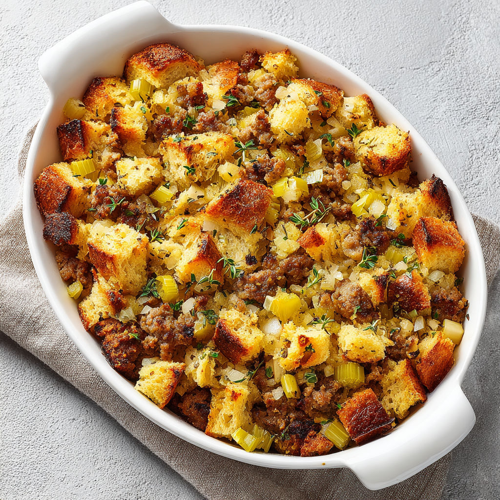 A white bowl filled with sausage stuffing.