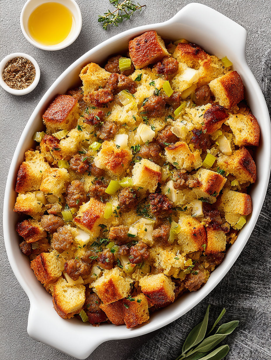 A white bowl filled with sausage stuffing.