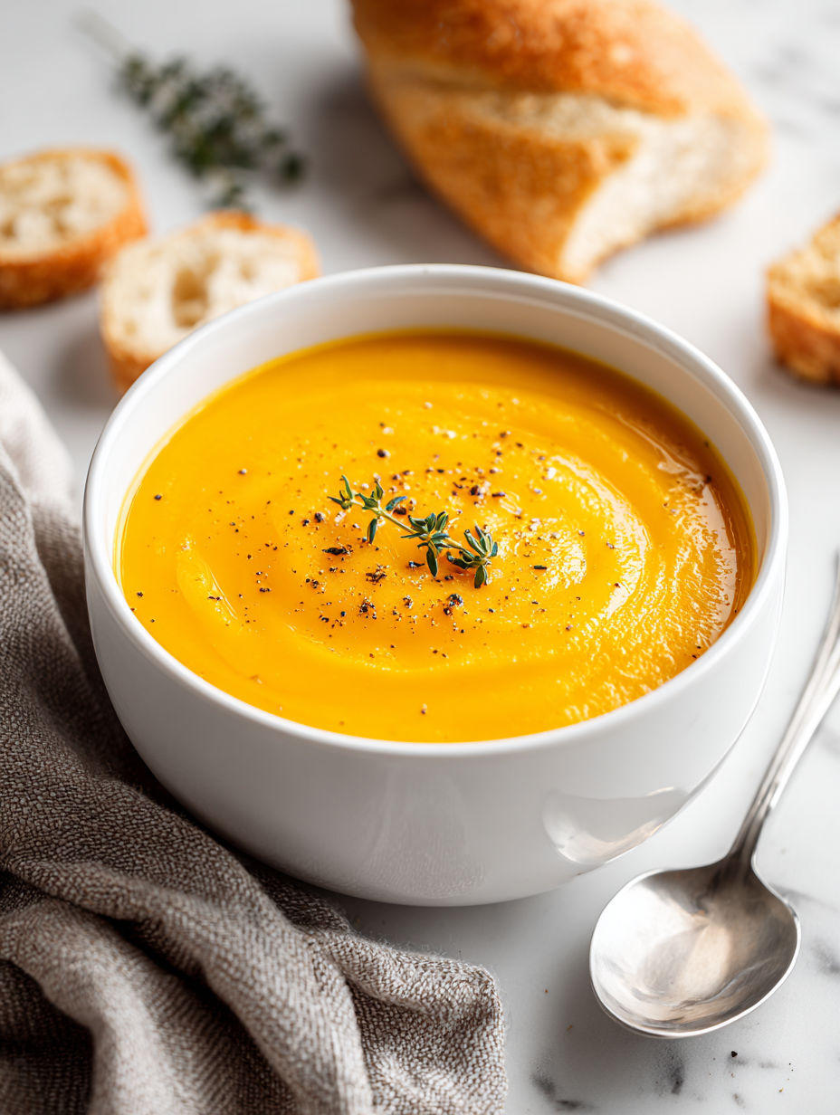 A bowl of butternut squash soup with a spoon in it.